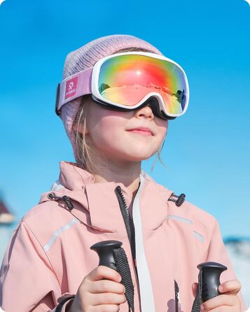 Дитячі гірськолижні маски RIOROO для дітей 3-14 років, захист від сонця, антизапітніння, сумісні з шоломом, для катання на лижах, сноуборді, велосипеді, активного відпочинку, бігу, захист очей. Біла рамка, рожеві лінзи (VLT 46%)