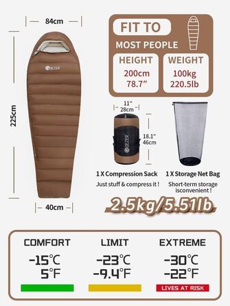 Сплячий мішок QEZER 820г Ultraleicht, 660FP, 8°C ~ 2°C для дітей та дорослих, 3 сезони, кемпінг, трекінг, Outdoor (Kaffee -15°C)