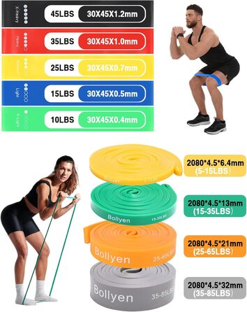 Набір еластичних стрічок для фітнесу: 9 шт. для силових тренувань, йоги та розтяжки вдома – включає тренувальний банд, турнік-стрічку, постер та сумку