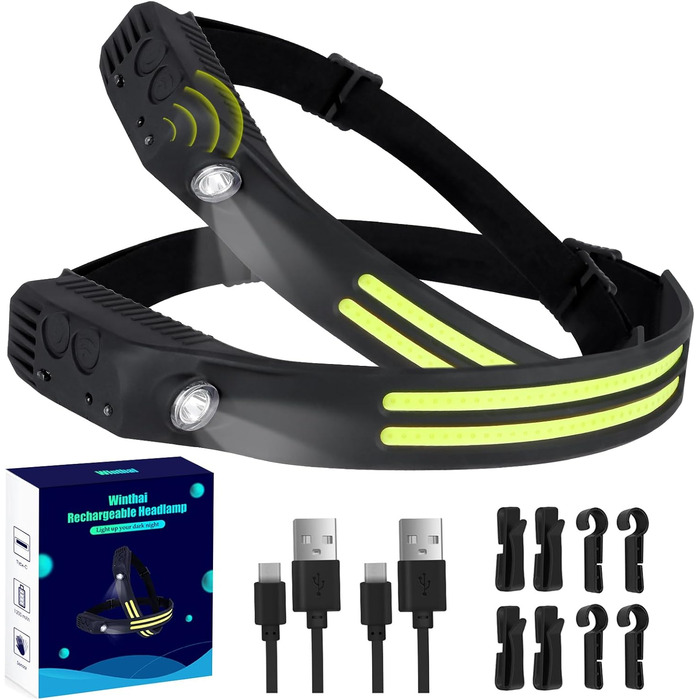 Налобний ліхтар Winthai LED перезарядна, 2 надпотужних 450 Lux з 5 режимами, 1500mAh, 230° широкий кут освітлення, IPX4 вологостійкий, 95g, ідеально для бігу, риболовлі, велоспорту, кемпінгу