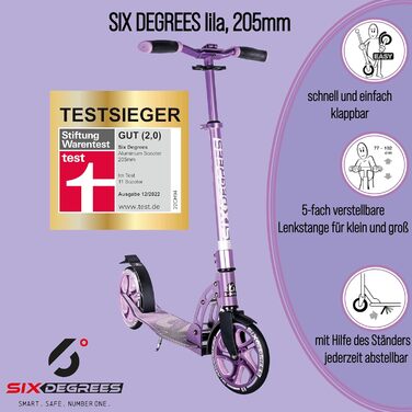 Самокат Six Degrees алюмінієвий, складаний, з підніжкою, колеса 205 мм, ABEC 7, регульована висота, сертифікат GS, переможець тесту