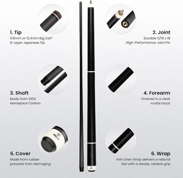 Більярдний кий Big Cat Carbon Gold Series з карбоновим шафтом Pro Taper 12.4 мм, чорне ірландське лляне обмотування (20oz, GLD-1)