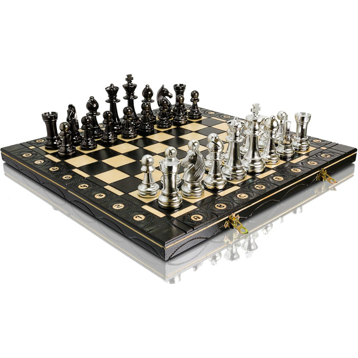 Шаховий набір Silber Staunton 40см, фігури з металізованого пластику, дерев'яна шахівниця