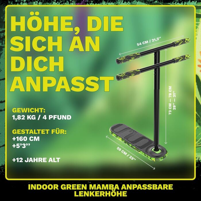 Трюковий самокат Indo Trick Scooter V2 Pro Green Mamba (12+ років) для підлітків, дітей та дорослих – для вулиці та приміщення