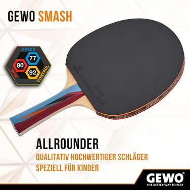 GEWO SMASH – ракетка для настільного тенісу для дітей, ITTF, для змагань, з накладкою Thunderball 2, контроль, обертання, 2,0 мм, конкавна ручка
