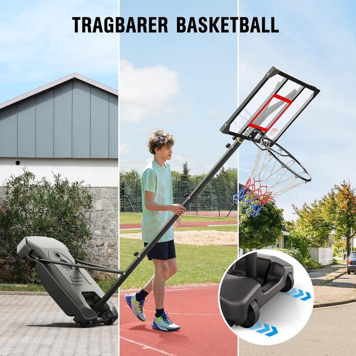 Баскетбольний кошик вуличний з підставкою, регульована висота 147-260 см, міцна задня панель 82x53 см, розширений майданчик на колесах, чорний