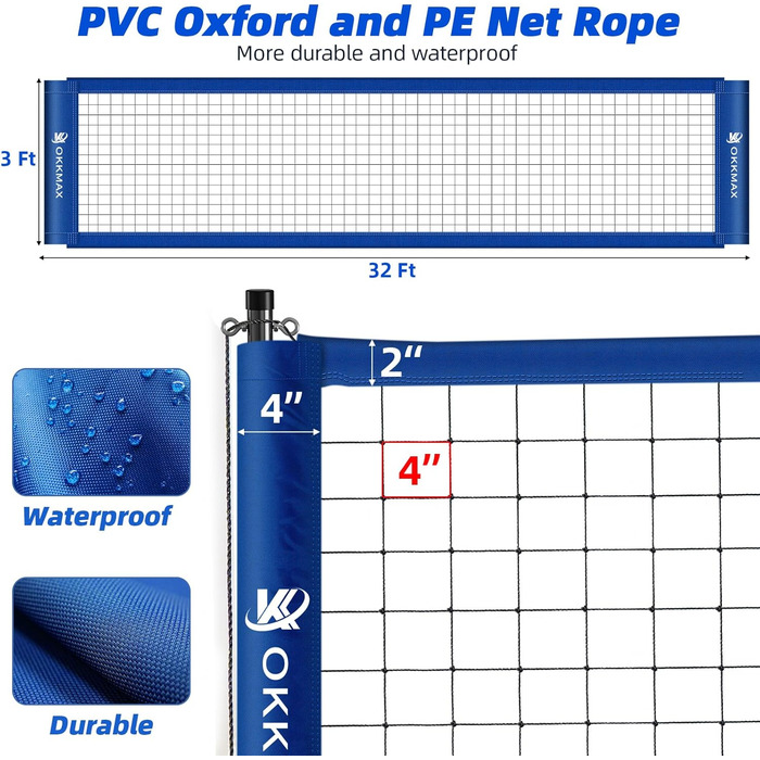 Набір для волейболу на відкритому повітрі: сітка, регульовані стійки, анти-саг дизайн. У комплекті: фіксуюча пластина для пляжу, табло, лінія ворот та сумка для перенесення.