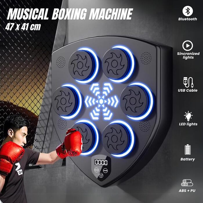 Музична боксерська машина MAGIC SELECT, електронний настінний тренажер із PU, LED підсвіткою, Bluetooth, боксерськими рукавичками, ритмічні вогні, 2 режими, 47x41x5 см