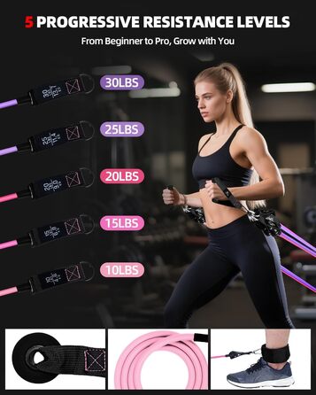 Набір еластичних стрічок Abahub для фітнесу з дверним кріпленням, ручками та петлею для ніг – для тренувань всього тіла, домашній спортзал, ідеально для початківців та досвідчених (Рожевий, 100LB)