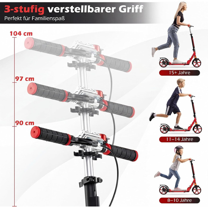 COSTWAY Кискскутер з дзвіночком та підставкою, регульована висота керма, складний, вантажопідйомність до 100 кг, з ременем для перенесення, для дітей та дорослих (червоний)