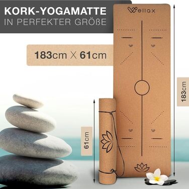Йога мат Wellax Kork: натуральний, антиковзний килимок для йоги [185x66x0,6 см] з сумкою