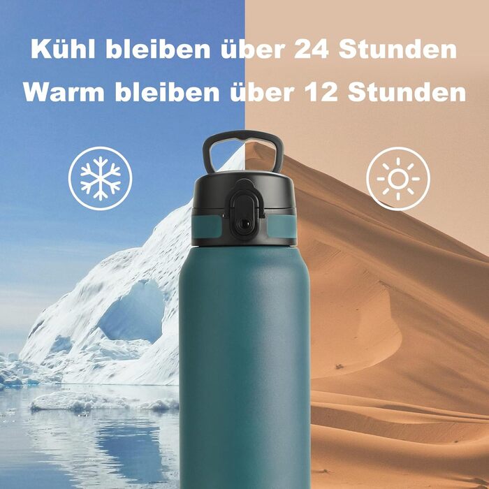 Термос-пляшка UZSPACE 1л (970мл) з нержавіючої сталі, ізольована, з 1-кліком відкриття, без витоків, для спорту, фітнесу, туризму, зеленого кольору