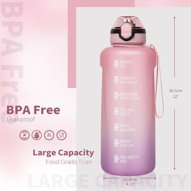 DEARRAY Спортивна пляшка 2 л Tritan з трубочкою та часовою розміткою, BPA-free, для води, мотиваційна, для фітнесу та спортзалу, рожево-фіолетова