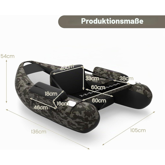 Надувний човен для рибалки HOMASIS Belly Boat з помпою, підставкою для вудок та регульованою спинкою, алюмінієвим веслом та плавцями, навантаження до 160 кг, 136 x 105 x 54 см (Камуфляж)