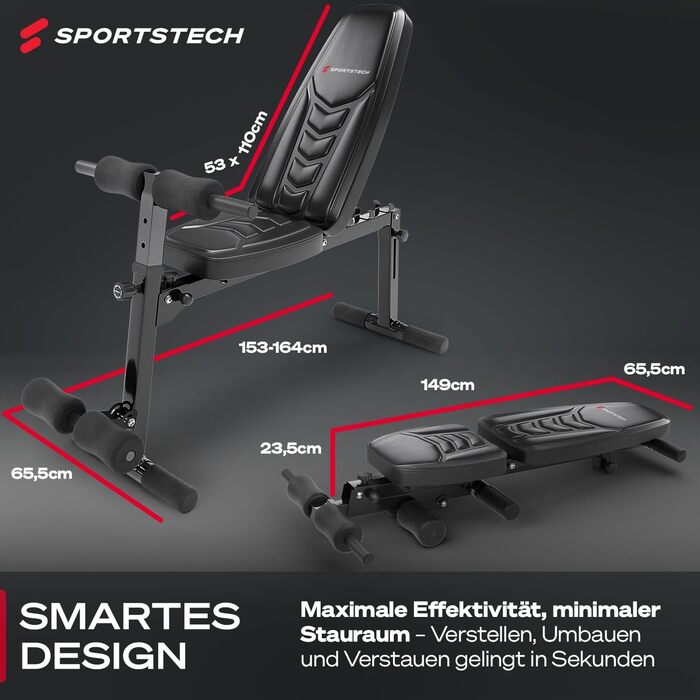 Регульована лавка для жиму Sportstech BRT500 з бічними упорами, для дому, штанга й гантелі, німецька якість, складана, з тренажером для ніг