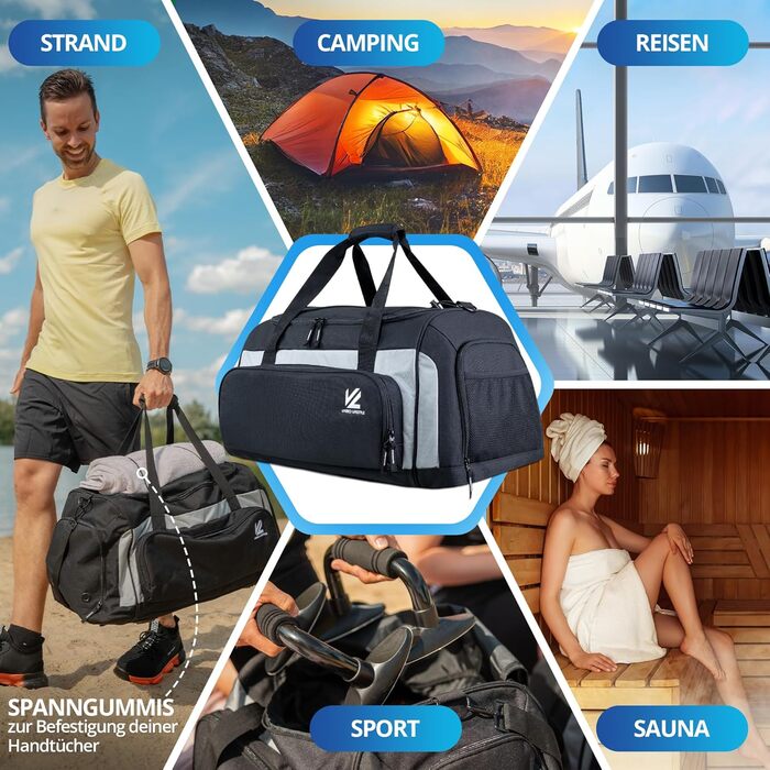 Спортивна сумка VL® з відділенням для взуття, мокрою одежі, ізольованим кульковим відділенням, сауною та туристичною сумкою для жінок та чоловіків. 50 л, чорно-сірий/чорно-срібний