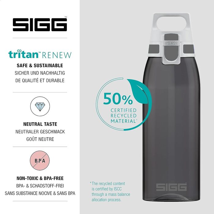 Пляшка для води SIGG ONE з тритану, 1 л, антрацит, для газованих напоїв, герметична, легка, без BPA, придатна для миття в посудомийці
