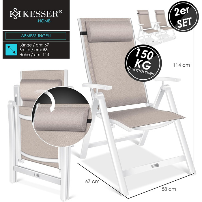 Крісло садове KESSER® з високою спинкою, з підлокітниками, алюмінієве, складне, з подушкою та чохлом, для кемпінгу, регульована спинка, дихаючий матеріал, вологостійке, 1 шт. (2 шт, Бежевий)