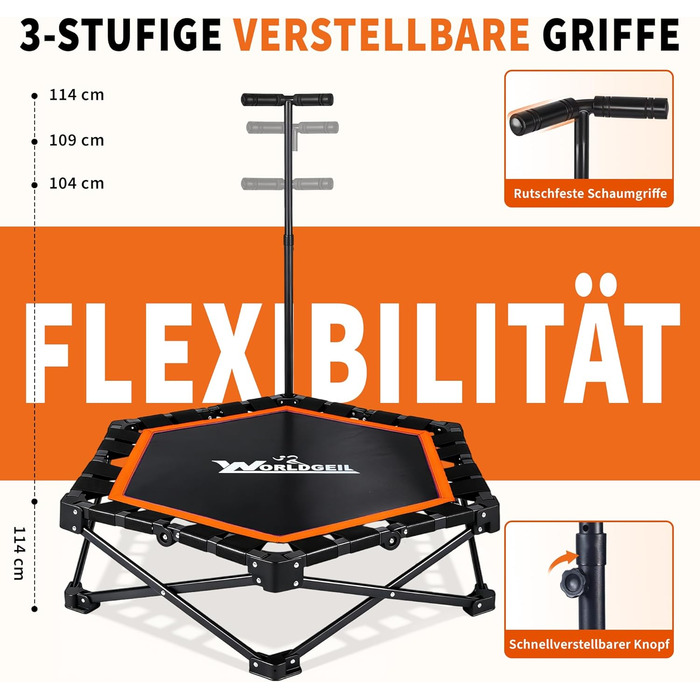 Складаний фітнес-батут для дому з регульованою ручкою, навантаження до 150 кг, діаметр 86.5 см, помаранчевий — для дорослих та дітей