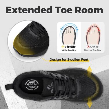 Жіночі кросівки FitVille для широкої стопи: бігові, для ходьби, фітнесу, чорного кольору (38.5 EU, X-широкі)