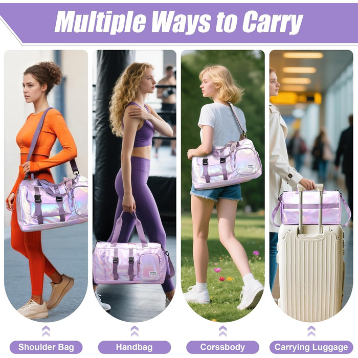 Спортивна сумка Tokeya для жінок з відділенням для взуття та мокрою одежі, водонепроникна, з блискітками, легка, складна, для занять спортом, фітнесом, тренувань, подорожей (фіолетова)