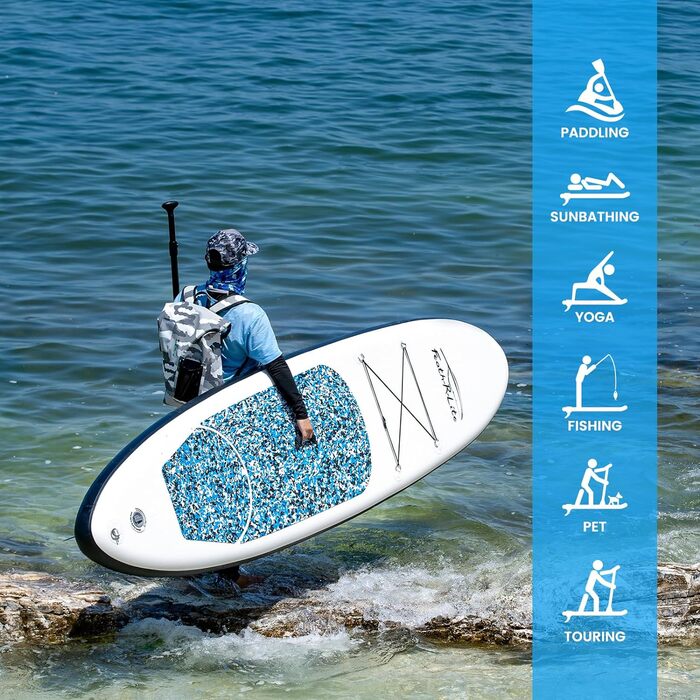 Надувна SUP-дошка FunWater для дорослих, комплект: весло, помпа, рюкзак, лінія безпеки, водонепроникна сумка, синьо-чорна