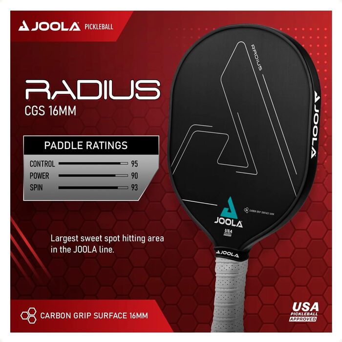 Професійна ракетка для піклболу JOOLA Radius Pro з текстурованою карбоновою поверхнею, поліпропіленовим стільниковим ядром 16 мм для максимального контролю та спіну
