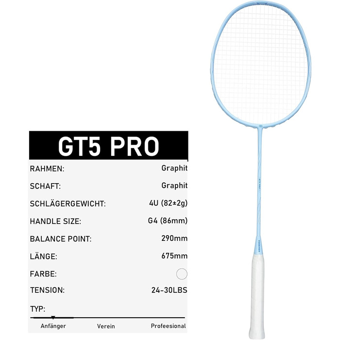 Ракетка для бадмінтону OGEENIER з графіту, легка, професійна, карбонова, з антиковзним грифом та сумкою (Блакитна)