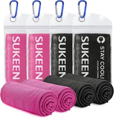 Охолоджуючі рушники Sukeen, 4 шт. (100 x 30 см), швидковисихаючі спортивні рушники для фітнесу, гольфу, йоги, охолоджуючі рушники для шиї, кольори: м'ятно-зелений+блакитний+рожевий+фіолетовий (2 шт. рожеві + 2 шт. чорні)