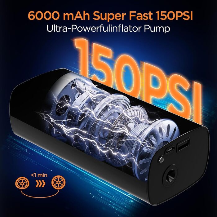 Портативний електричний насос Delgeo 12В 6000мАг, компресор 150PSI з манометром для авто, велосипедів, мотоциклів, м'ячів, автоматичне вимкнення