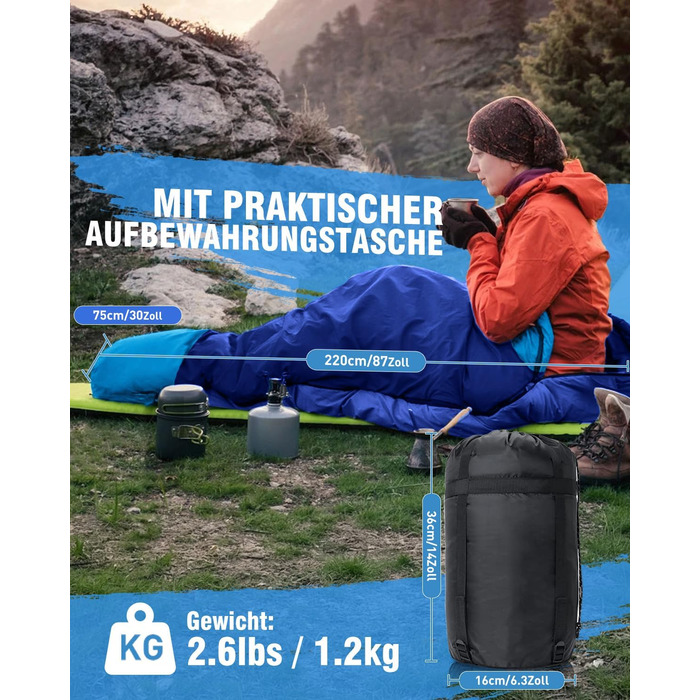 Спальний мішок 3-4 сезони, водонепроникний, ультралегкий, 220*75см (зелений/блакитний)