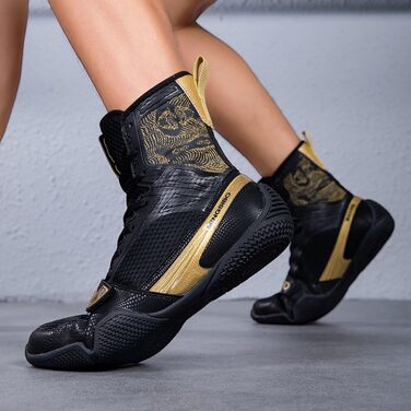 Боксерські черевики для чоловіків та жінок, професійні для змагань, тренувань, чорно-золоті (45 EU)