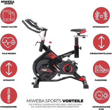 Велотренажер Miweba Sports MS300 для дому, 13 кг маховик, до 100 кг, амортизатор, тримач для планшета, транспортні ролики, регулювання, ергометр, спін-байк чорний