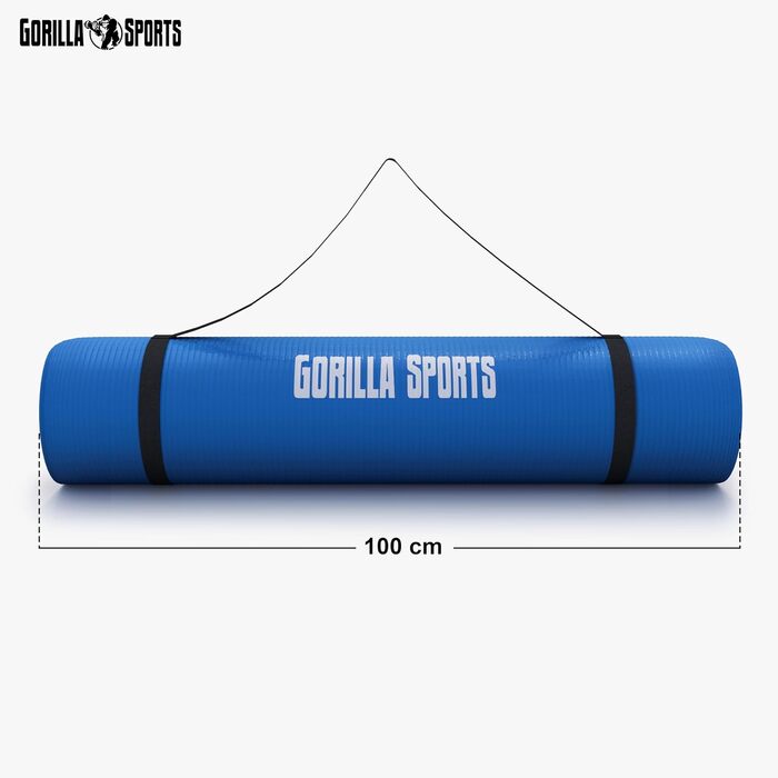 Килимок для йоги та фітнесу GORILLA SPORTS 190x100x1,5 см, королівський синій, нековзний, без фталатів, з ременем для перенесення