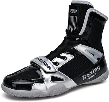 Боксерські кросівки для чоловіків та жінок, дитячі, для занять індоор-фітнесом, бойові кросівки, антиковзаючі та дихаючі хай-топ боксерські кросівки, розмір 47 EU, чорний/сріблястий