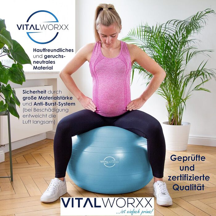 Гімнастичний м'яч VITALWORXX для вагітних 65 см, синій, з насосом та вправами, стійкий фітбол для йоги, здоров'я та пологів