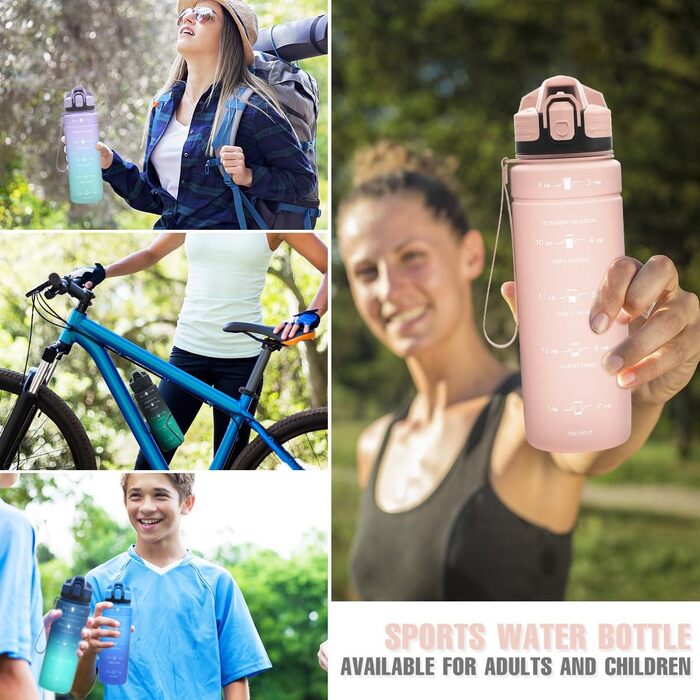 Спортивна пляшка для води 500 мл/1 л/700 мл/1500 мл Tritan, BPA-free, з маркуванням часу, витікання, для фітнесу, велосипеда, відпочинку, йоги, спортзалу, школи (темно-зелений, темно-синій, рожевий)