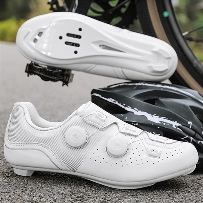 Велотуфлі чоловічі та жіночі SPD/SPD-SL/Look Delta для шосе та MTB. Дихаючі велотуфлі, кросівки, білі, 46 EU