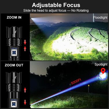 Потужний ліхтарик XHP70.2 LED з регулюванням фокусу, 2000 люмен, водонепроникний (IP67), 5 режимів, перезаряджається. Ідеальний для дому, кемпінгу, походів та поліції.