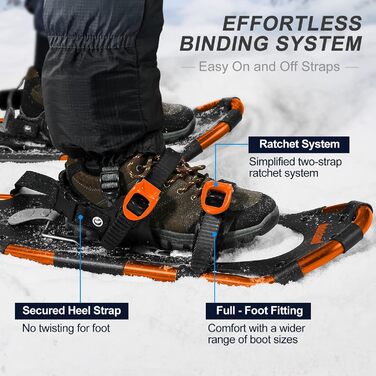 Снігоступи Odoland Allround 4 в 1 для жінок та чоловіків з трекінговими палками, водонепроникними гетрами та сумкою для перенесення, від 21 до 30 дюймів (53-76 см), помаранчевий M (63,5 см)