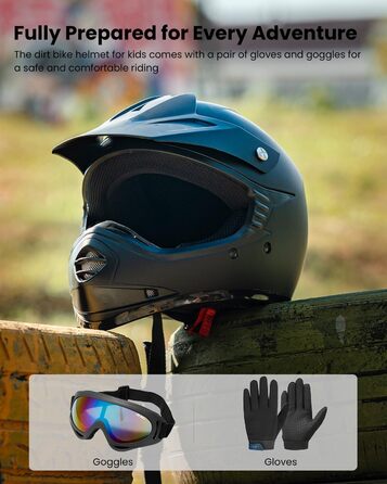 Дитячий мотоциклетний шолом ILM Motocross з окулярами та рукавичками, ECE сертифікований (S, Матовий чорний)