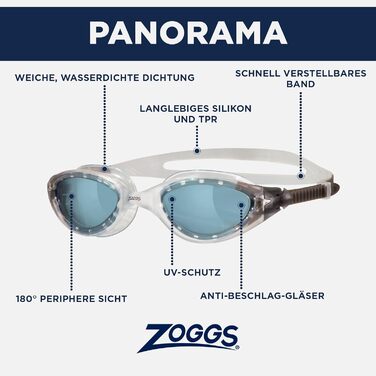 Окуляри для плавання Zoggs Panorama: UV-захист, антифог, зручні, герметичні, регульований ремінець, панорамний огляд (димові/прозорі)