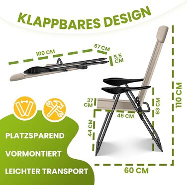Крісла садові KESSER® 2 шт. Розкладні, з високою спинкою, алюмінієві, 7 положень, з підлокітниками, дихаючі, для балкону, саду, кемпінгу, тераси
