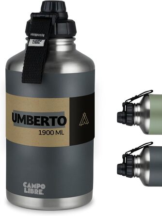 Термос Campo Libre Umberto I з нержавіючої сталі, 1 л, 2 л, 400 мл, 1900 мл, ізольована пляшка для води, підходить для газованих напоїв, герметична, можна мити в посудомийці, колір моховий зелений, преміум-якість