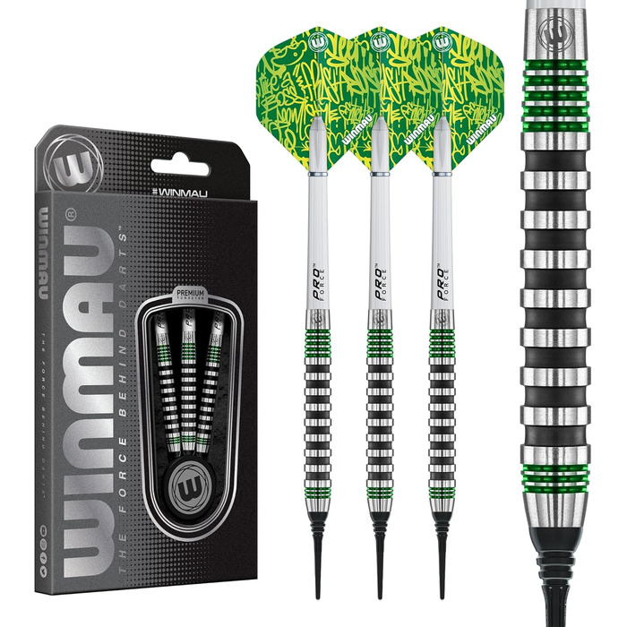 Професійний набір дротиків WINMAU Advance 500, вольфрамові, Softip, 22 г, зелений, з оперенням та штифтами