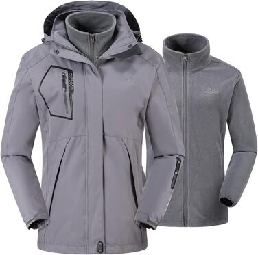 Жіноча куртка 3-в-1: вітро- та водовідштовхуюча, з флісовою підкладкою, тепла зимова куртка з капюшоном (сіра, XXL)