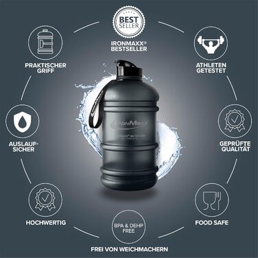 Вода IronMaxx Gallon 2200 мл: пляшка для води без BPA та DEHP з мірною шкалою, різні кольори (Deep Black)