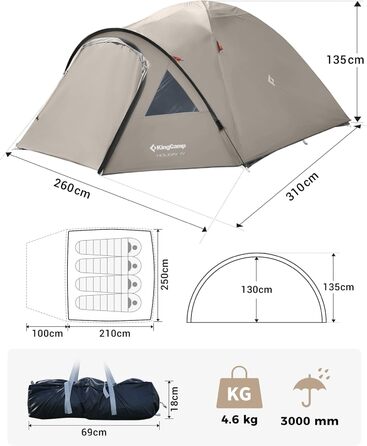 Намет KingCamp для 4 особи: просторий, водонепроникний (PU3000mm), 4-сезонний, легкий. Ідеально для кемпінгу, трекінгу та відпочинку на природі. Бежевий колір.