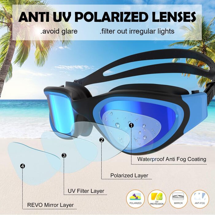 Окуляри для плавання Winline Polarized/Non-Polarized для дорослих та підлітків, антизапітніння, захист від УФ, водонепроникні, чіткий огляд, легке регулювання, м'які носові упори, для чоловіків та жінок, Blue&Black/Blue Polarized Mirrored Lens