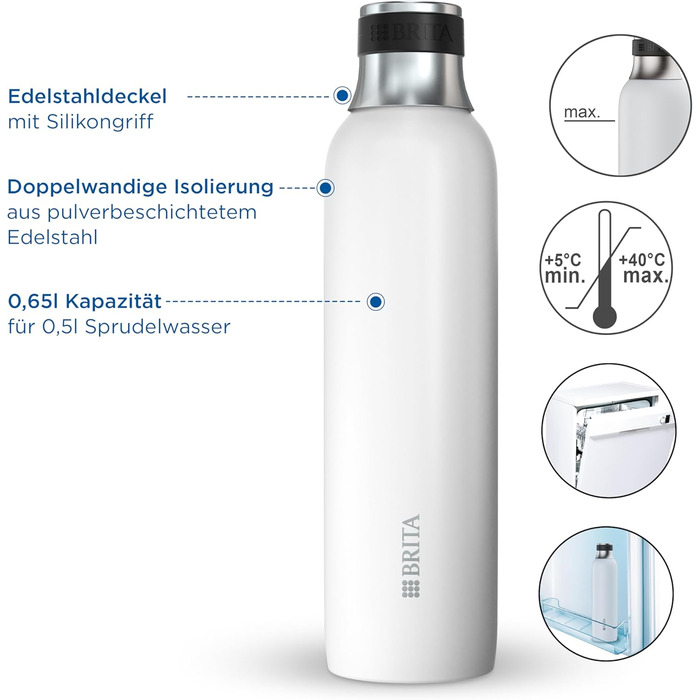 Пляшка BRITA з нержавіючої сталі 0,65 л біла для газування води sodaTRIO, ізольована, подвійні стінки, силіконовий кільце на кришці, преміум-якість